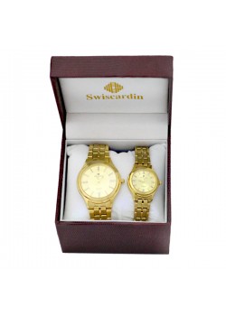 Swiscardin 22K Gold Plated Scratch Resistant Crystal Pair Watch For Men&Women, S11601S-G/S11601S-L